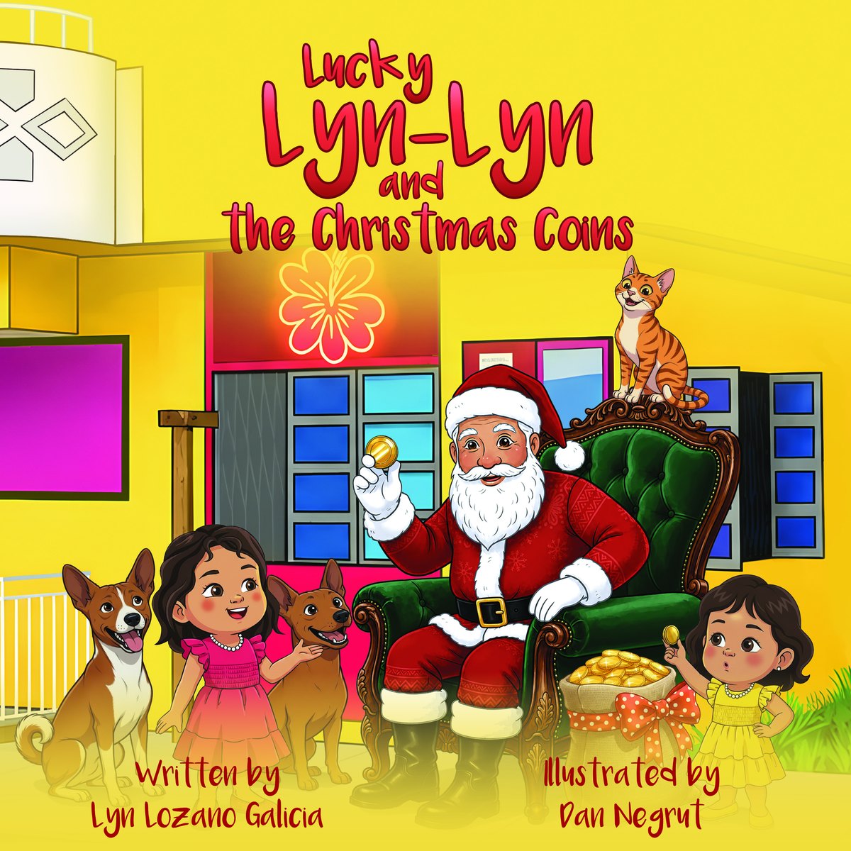 Cover of Lucky Lyn-Lyn and the Christmas Coins — Mr Chu dressed as Santa hands out gold coins outside a bright yellow house.