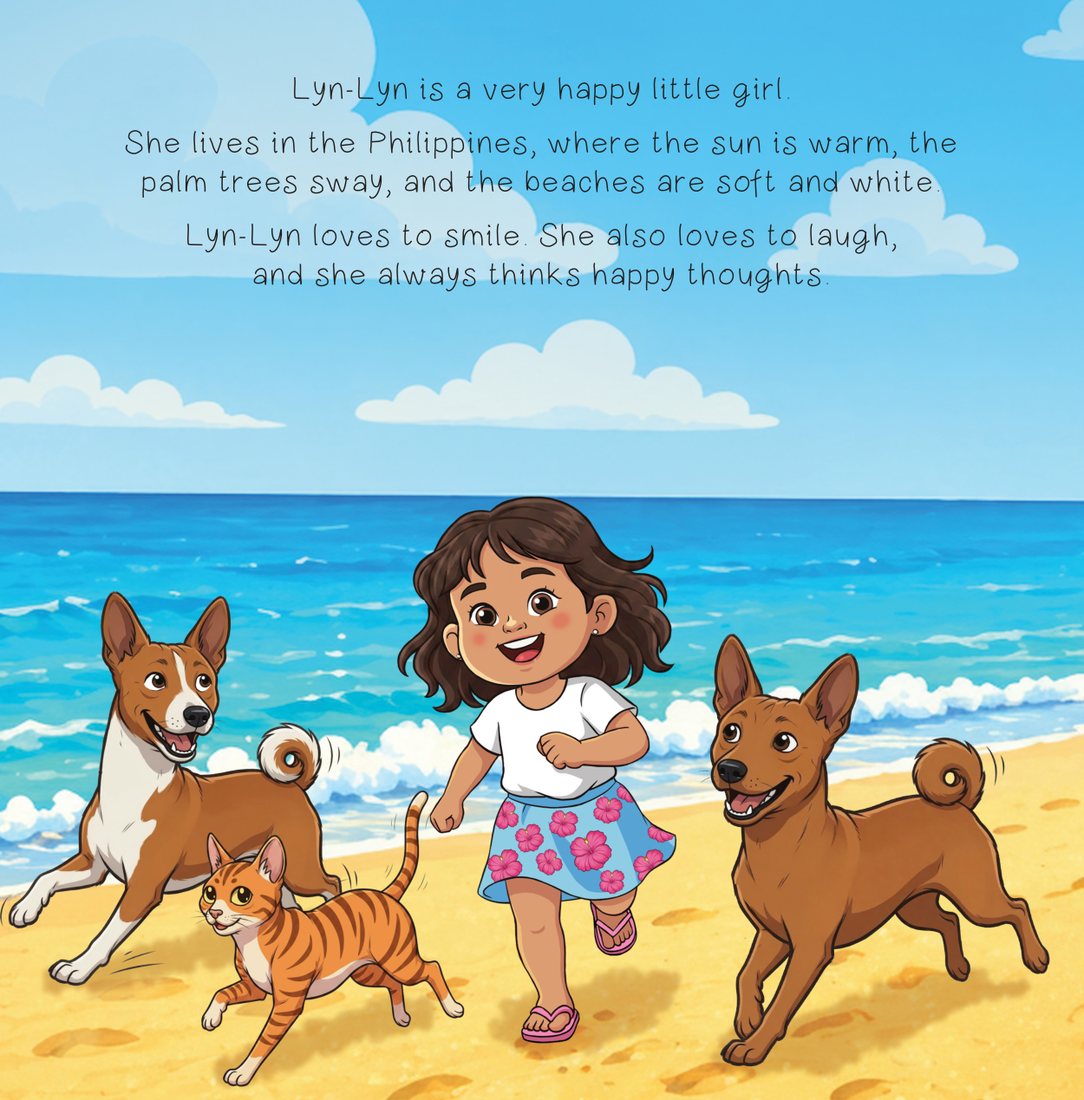 Lyn-Lyn on a white beach with palm trees and turquoise sea — 'Lyn-Lyn is a very happy little girl.'