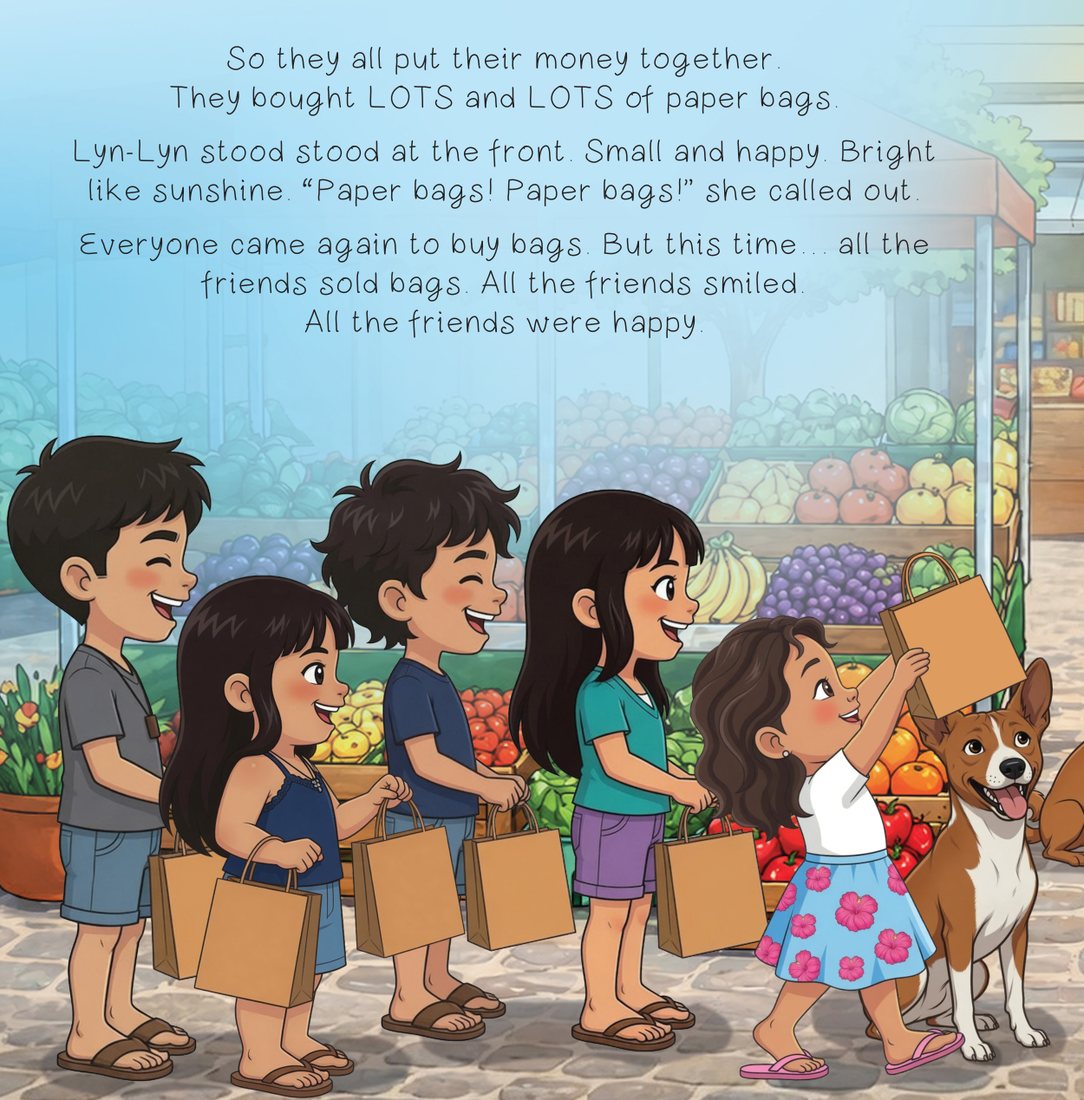 Six children line up at a fruit market, each holding brown paper bags, selling together.