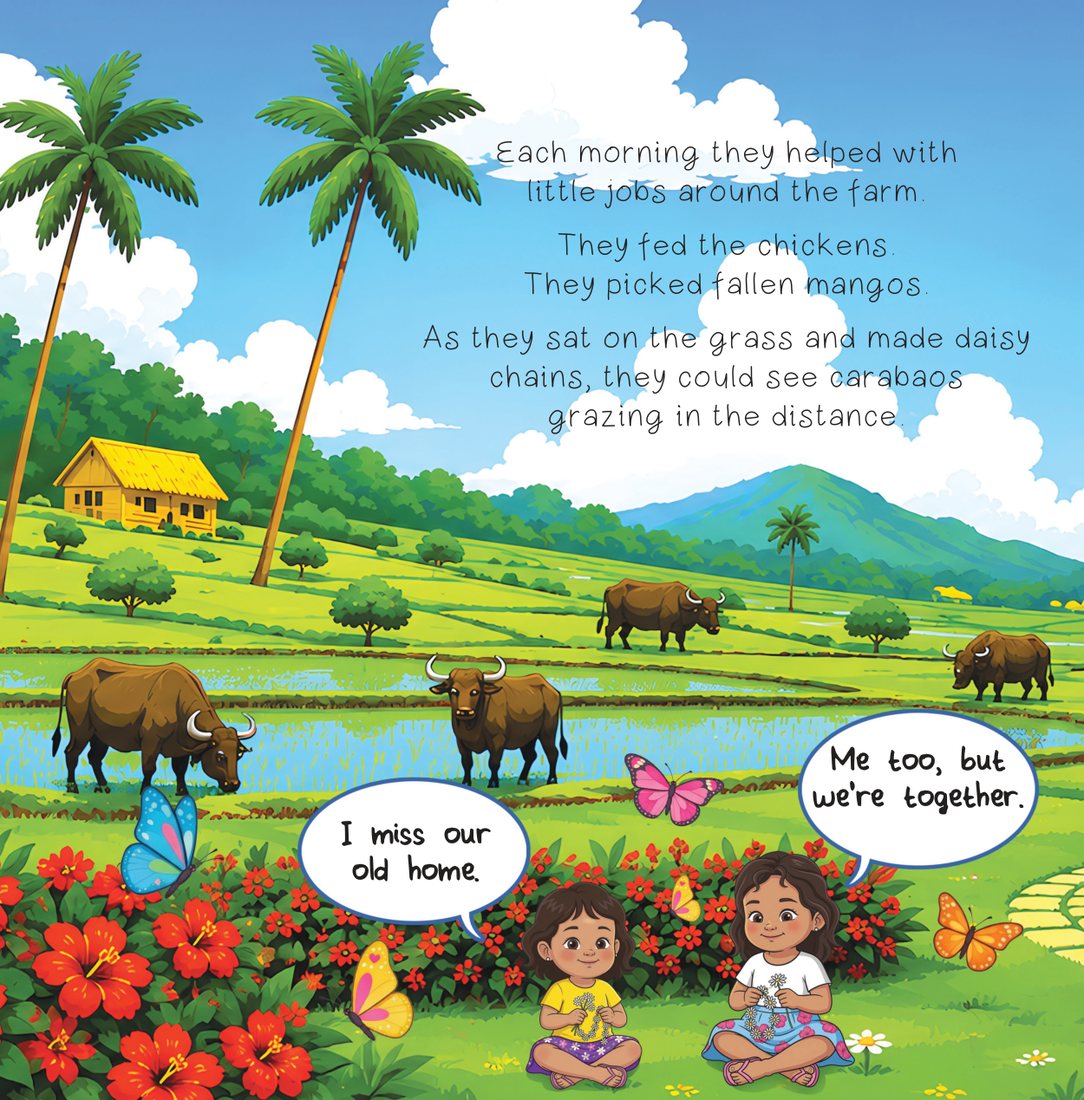 Two sisters make daisy chains on a farm with chickens and a mango tree.
