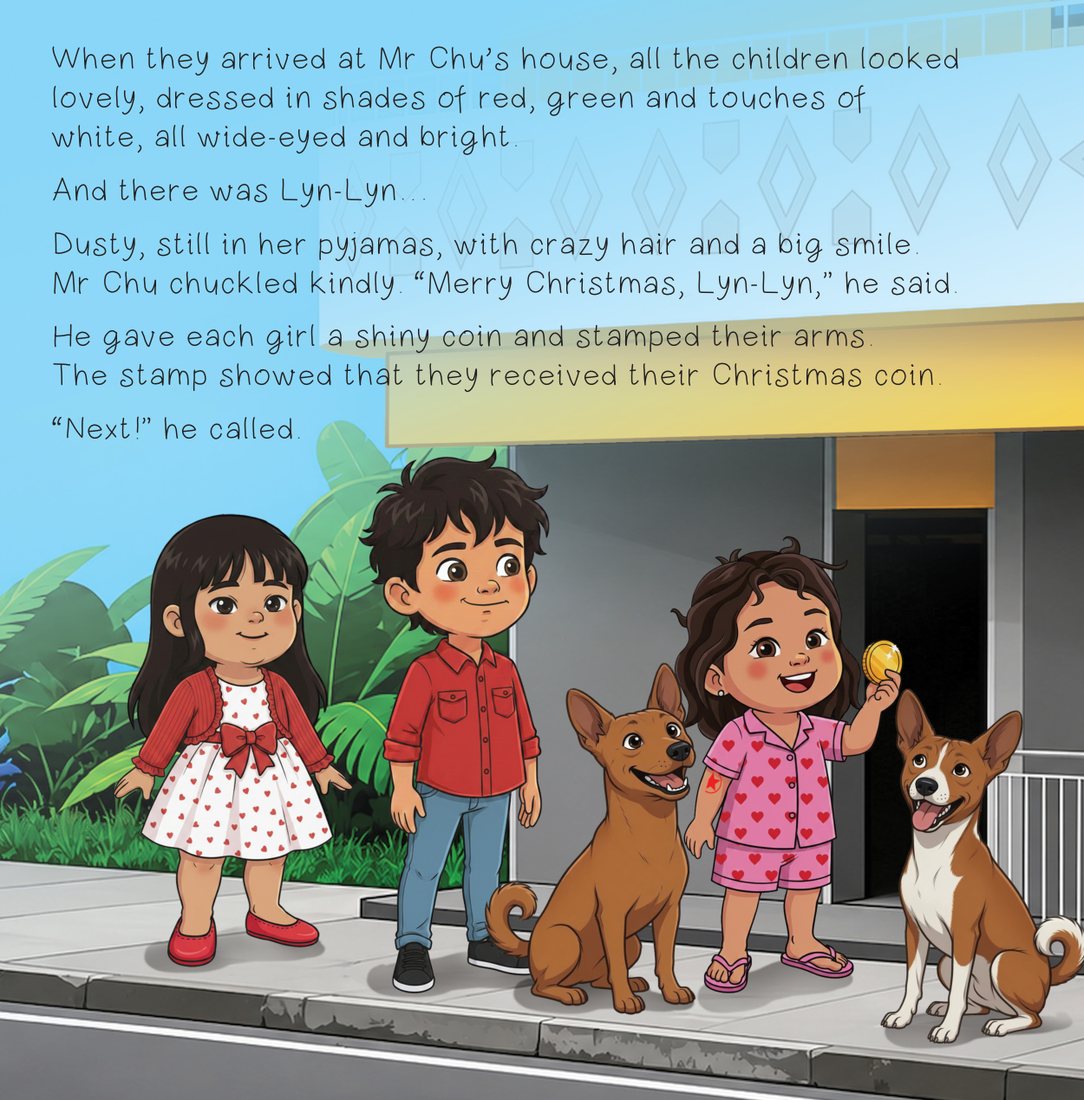 Children queue in red and green Christmas clothes outside Mr Chu's bright yellow house.