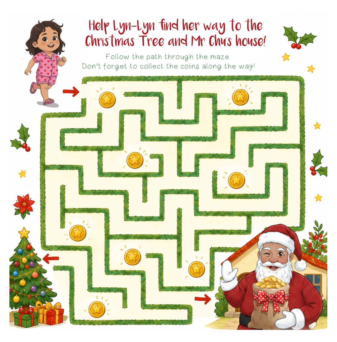 A Christmas maze activity page leading to the tree and Mr Chu's house.